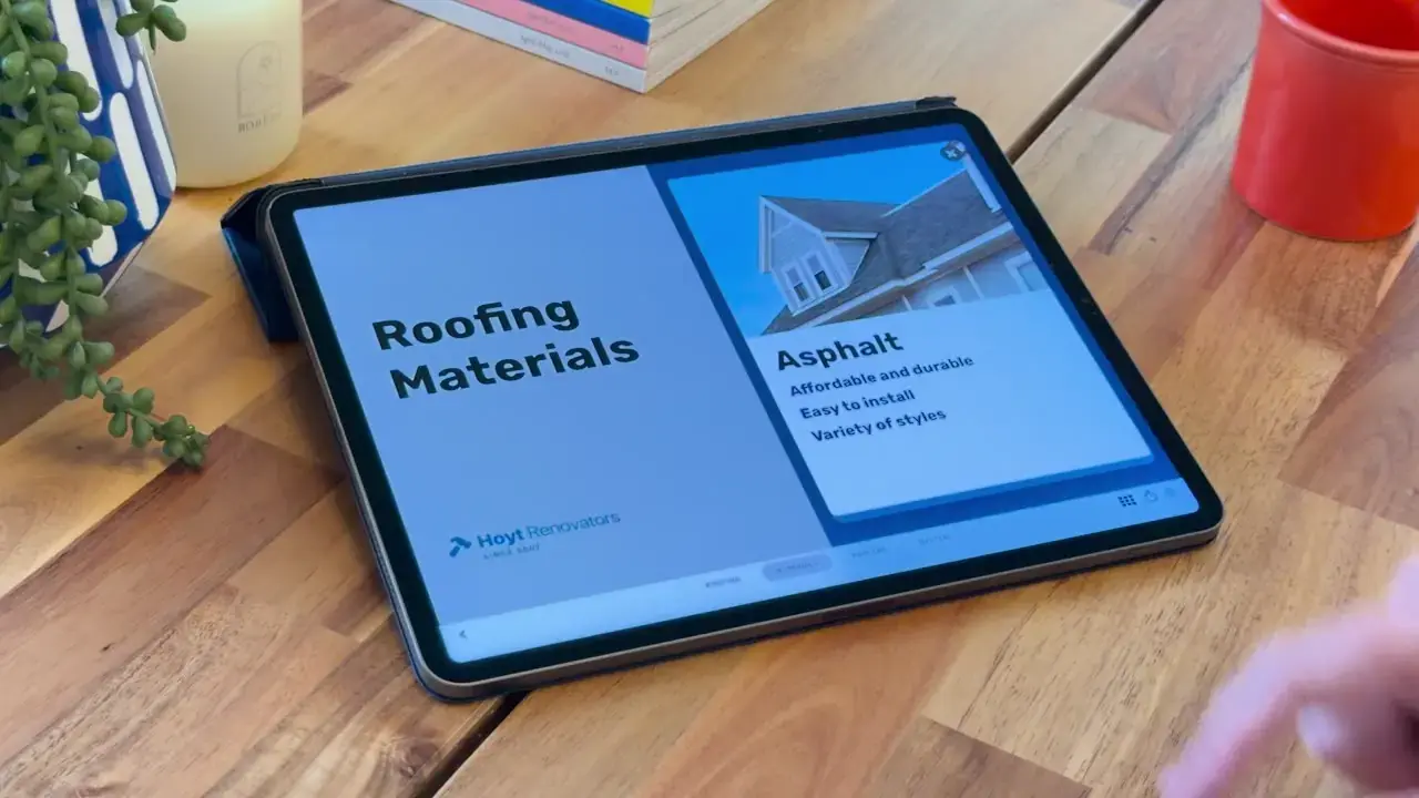 An Ingage roofing presentation open on an iPad at a homeowner's kitchen table.